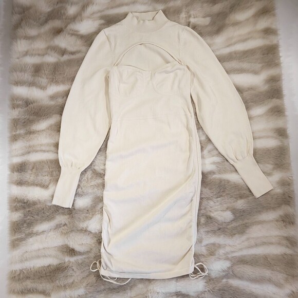 NBD Tanner 90s Minimal Bustier Cutout Ruched Sweater Mini Dress Ivory Small y2k - Picture 3 of 10